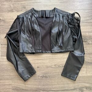 Shein Black Faux Leather Fringe Open Crop Bolero Western Jacket Medium Women